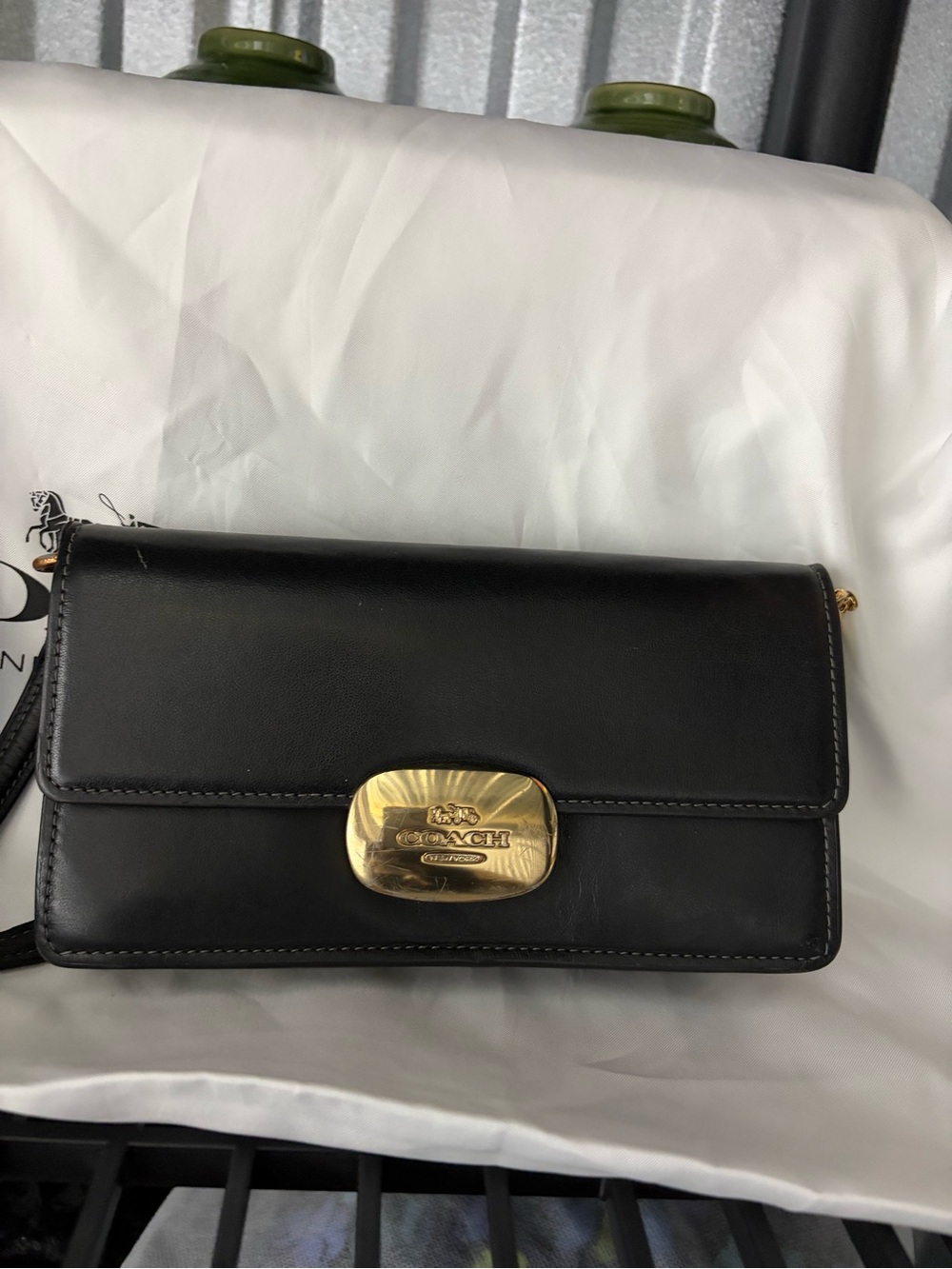 Coach Black Leather Crossbody with Gold Plaque